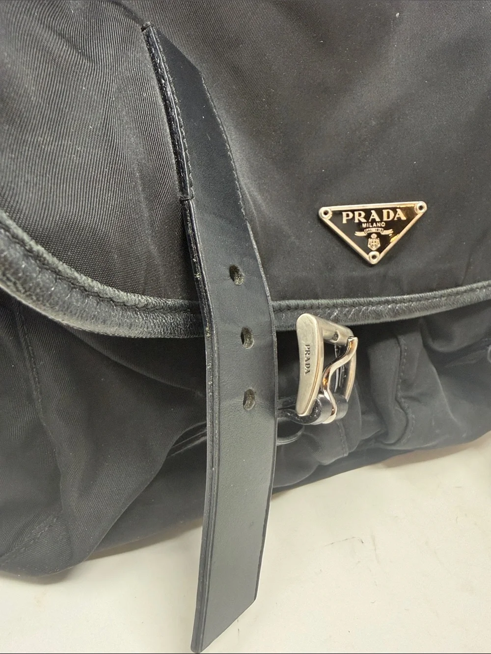 Prada Black Nylon Tessuto Messenger Crossbody Bag Leather Buckle Flap